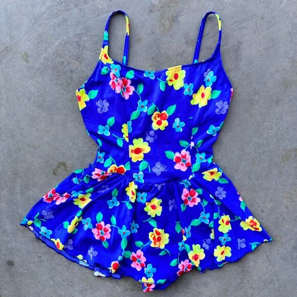 80s neon one piece swimsuit with bright blue and yellow floral pattern - Picture 5 of 8